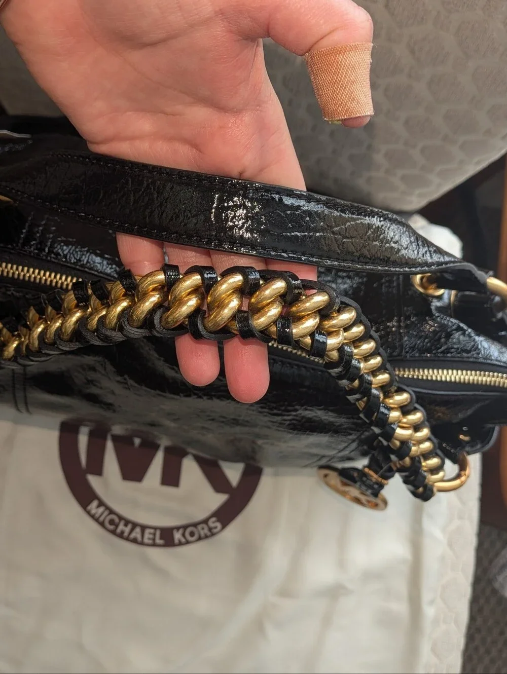 Michael Kors Black Patent Shoulder Bag with Gold Chain Accents